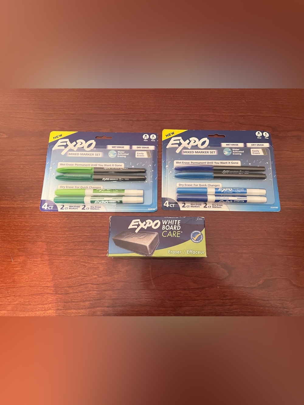 EXPO Dry Erase & Wet Erase Markers Fine Tip, 4 Blue 4 Green Ink & 1 Dry Eraser